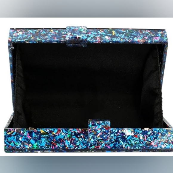 Abstract Blue Confetti Hard Case Clutch Bag Small Box Purse Chain Multicolor New - Picture 6 of 9